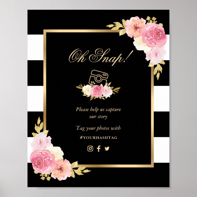Poster Panneau Mariage noir or rose floral Oh Snap (Devant)