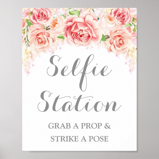 Poster Panneau Mariage Selfie Station Aquarelle rose Flor (Devant)