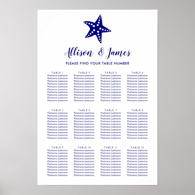Poster Panneau moderne Mariage Starfish, Marine (Devant)