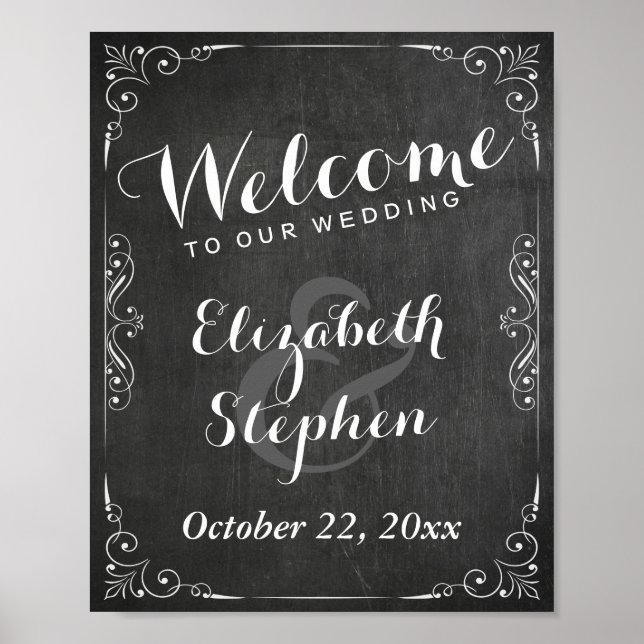 Poster Panneau noir blanc Chalkboard Floral Mariage Signa (Devant)