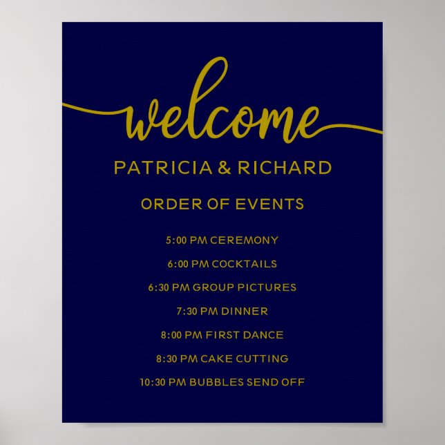 Poster Panneau Ordre mariage des événements | Gold Navy B (Devant)