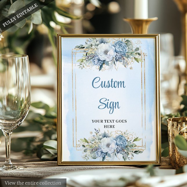 Poster Panneau Personnalisé Rustique Chic Bleu Poussiéreu (Rustic Chic Dusty Blue Greenery Gold Custom Sign)