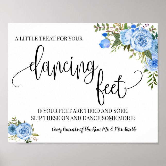 Poster Panneau pieds dansants tongs mariage bleu floral (Devant)