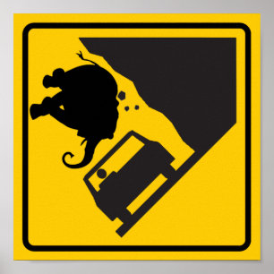 Poster Panneau routier de la zone éléphante en chute