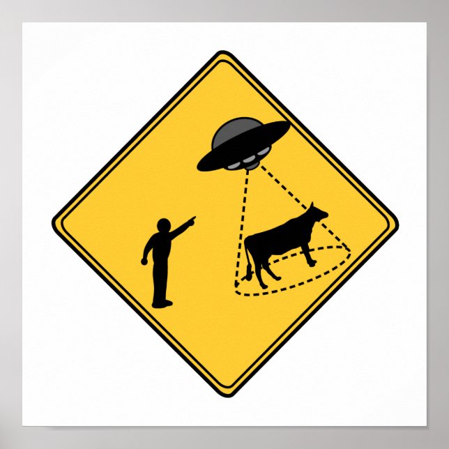 Poster Panneau routier - Vache et ovnis (Devant)