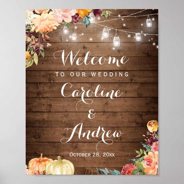 Poster Panneau Rustique Automne Floral Mason Jar Lumières (Devant)