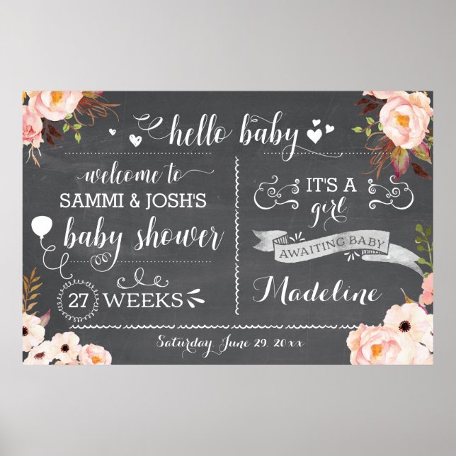 Poster Panneau Rustique Hello Baby Floral Baby shower (Devant)