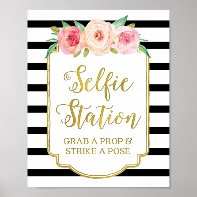 Poster Panneau Station Selfie Rose Floral Or Black Stripe (Devant)