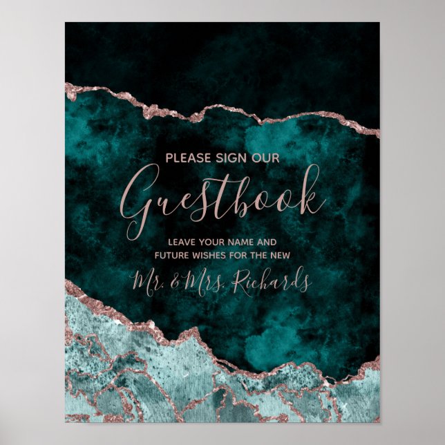Poster Panneau turquoise Vert Agate Rose Or Mariage Livre (Devant)