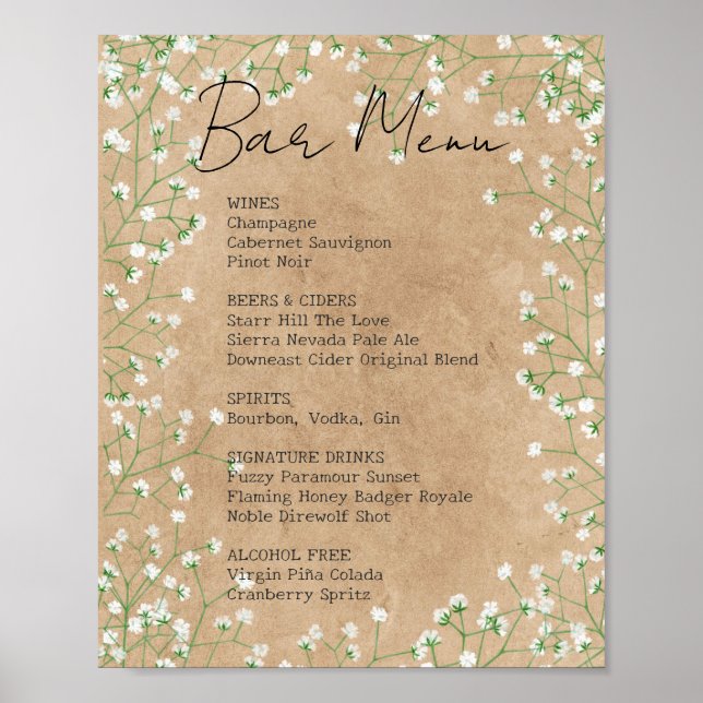 Poster Panonceau de menu de bar de mariage floral Rustiqu (Devant)