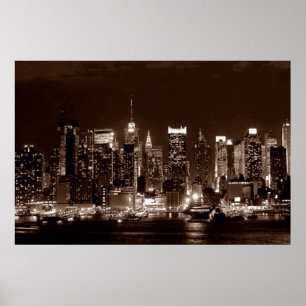 Poster Panoramic Sepia Brown New York City Night Artwork