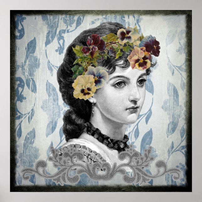 Poster Pansies d'une femme victorienne sur une tapisserie (Devant)