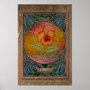 Poster Pansy Art Nouveau dans un cadre de Mucha en cuivre
