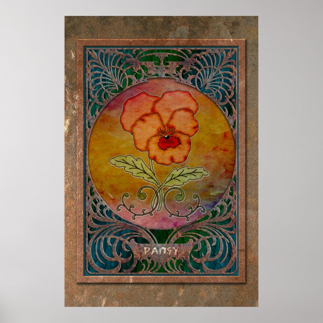 Poster Pansy Art Nouveau dans un cadre de Mucha en cuivre (Devant)
