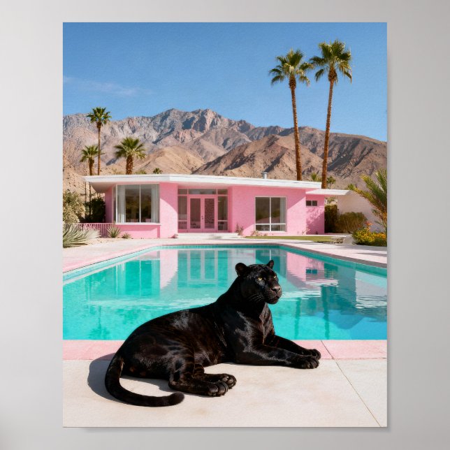 Poster Panthère noire au bord de la piscine - Moderne du  (Devant)