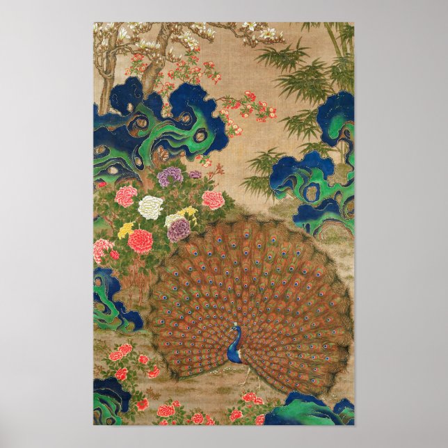 Poster Paon chinois et fleurs (XVIIe siècle) (Devant)