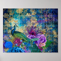 Paon couronné sur Blue Purple Floral