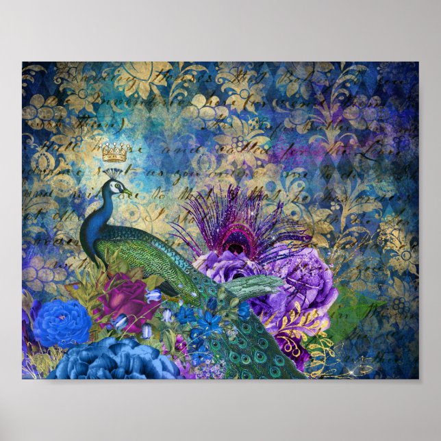 Poster Paon couronné sur Blue Purple Floral (Devant)