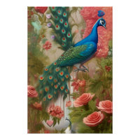Paon dans un jardin de roses abricot