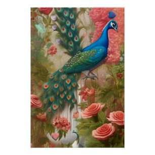 Poster Paon dans un jardin de roses abricot