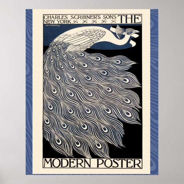 Poster paon, illustration vintage oiseau bleu (Devant)