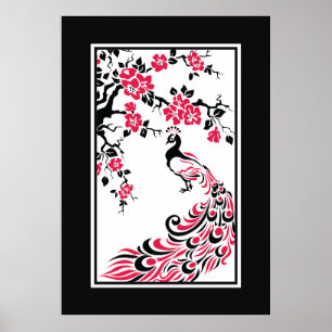 Poster Paon noir, rouge, blanc et fleurs de cerisier
