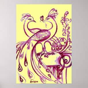 Poster PAONS AMOUREUX, Rouge Violet et Jaune