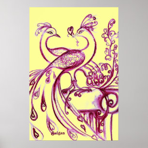 Poster PAONS AMOUREUX, Rouge Violet et Jaune