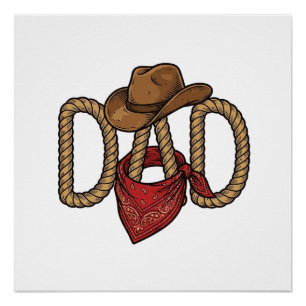 Poster Papa Cowboy Corda Chapeau Bandana Gravure Vintage