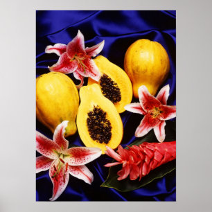Poster papayes hawaïennes avec lys et fleurs de gingembre