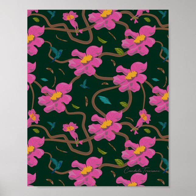 Poster Papel diseño botanico flores colibri (Devant)
