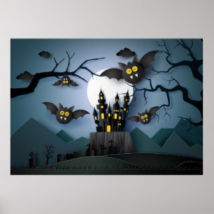 Poster Papercut Haunted Castle et chauves-souris