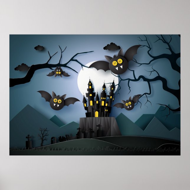 Poster Papercut Haunted Castle et chauves-souris (Devant)