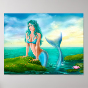 Poster Papier Imaginaire belle sirène en mer