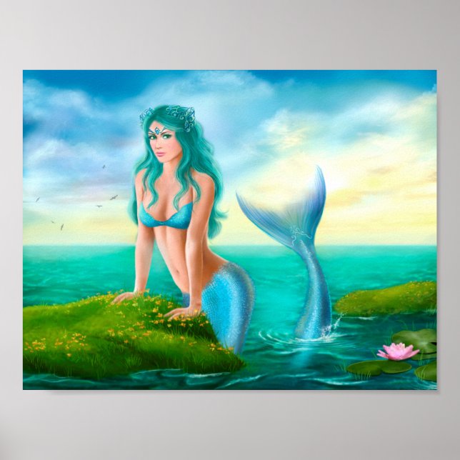 Poster Papier Imaginaire belle sirène en mer (Devant)