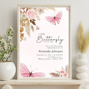 Poster Papier Papillon Rose Herbe des Pampas Baby Shower