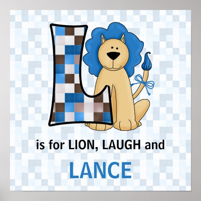 Poster Papier peint bébé Lettre L Monogramme Lion Bleu (Devant)