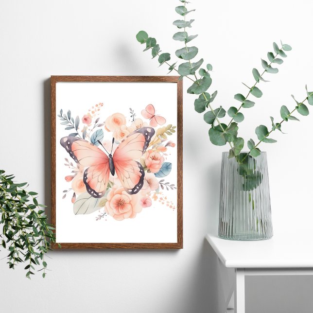 Poster Papier peint fleur papillon rose aquarelle  (Pink Butterfly Floral Watercolor Wall Art Poster, Framed or Unframed)