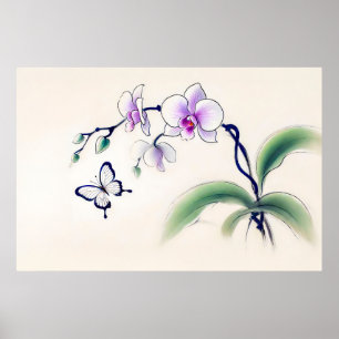Poster Papillon à l'encre chinoise sur orchidée