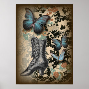 Poster papillon à vapeur fleuri vintage chaussure victori