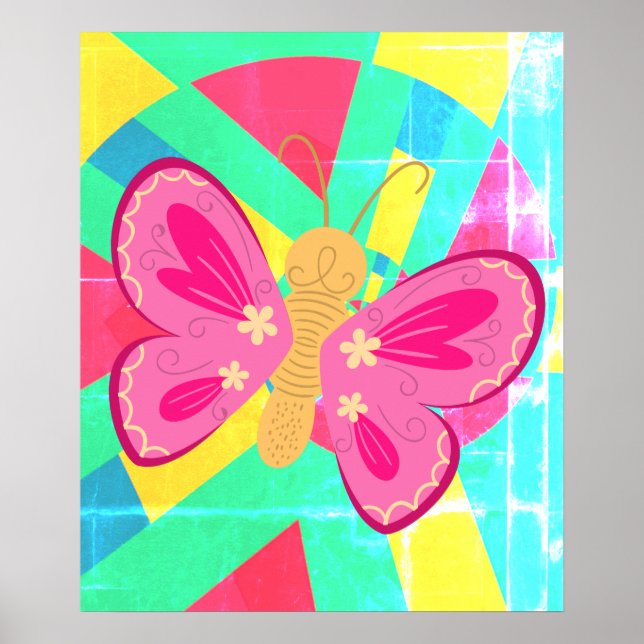 Poster Papillon abstrait tendance rose, bleu et orange (Devant)