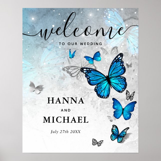 Poster Papillon argent et bleu Bienvenue Mariage (Devant)