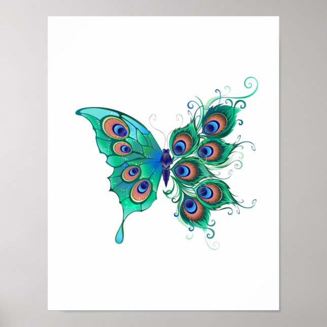 Poster Papillon aux plumes de paon vert (Devant)