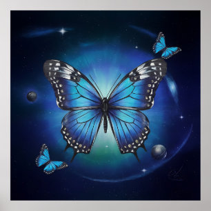 Poster Papillon bleu avec étoiles et planètes ...