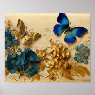 Poster Papillon bleu vintage et Papillon d'or découpage T