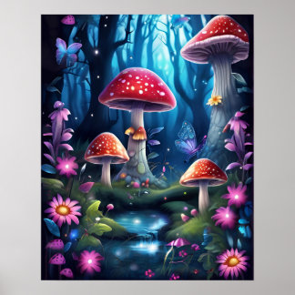 Poster Papillon de champignons Forêt enchantée BLEU THÈME