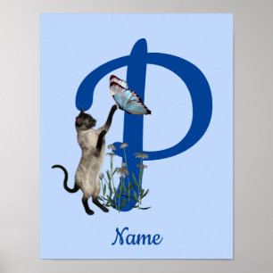 Poster Papillon de chat siamois Monogramme Initiale P Nom