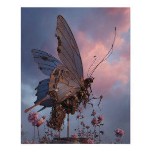 Poster Papillon de coucher de soleil rêveur sur des fleur