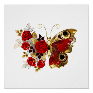 Poster Papillon de fleurs rouges aux roses rouges