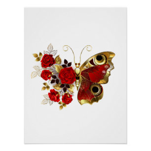 Poster Papillon de fleurs rouges aux roses rouges